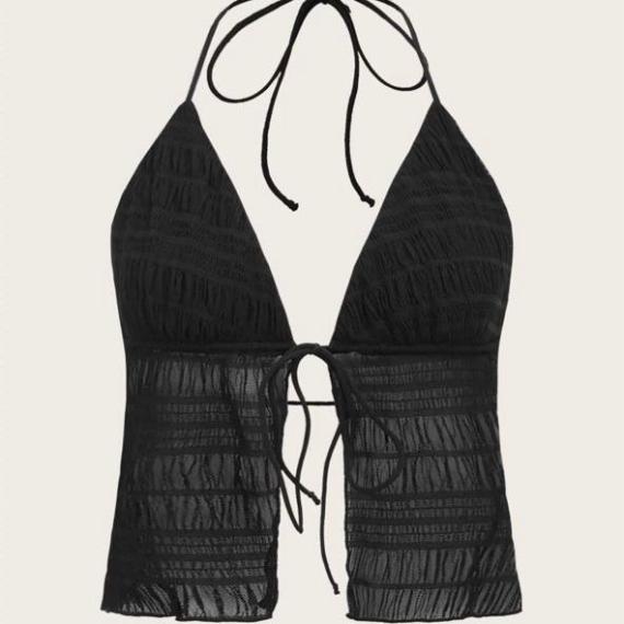 Split Hem Tie Backless Mesh Halter Y2k Top