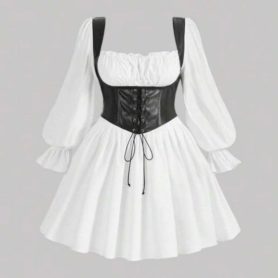 Plus Size Pu Leather Patchwork Strap Milkmaid Dress